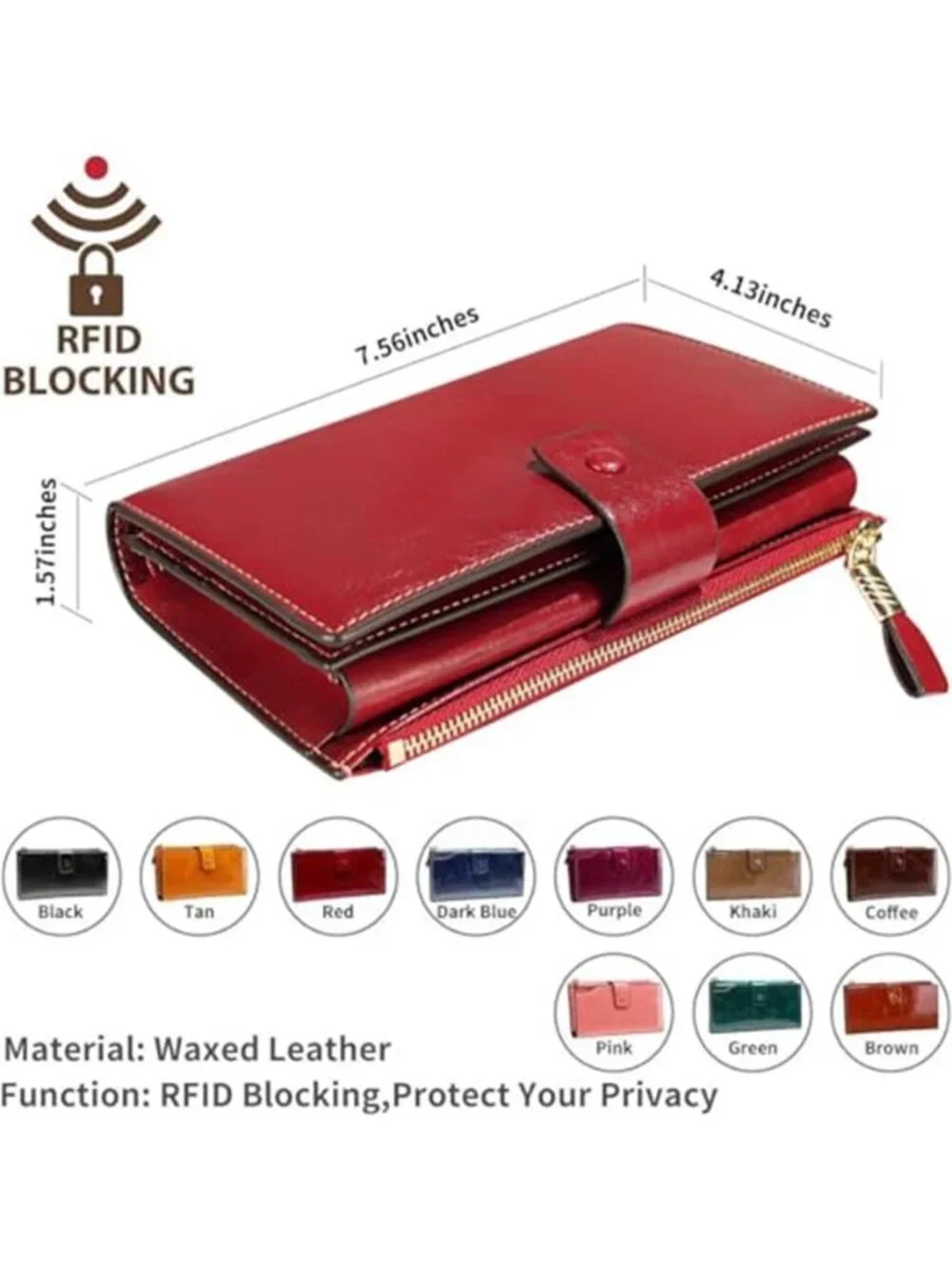 Womens RFID Blocking Large Capacity Luxury Wax Genuine Leather Wallet